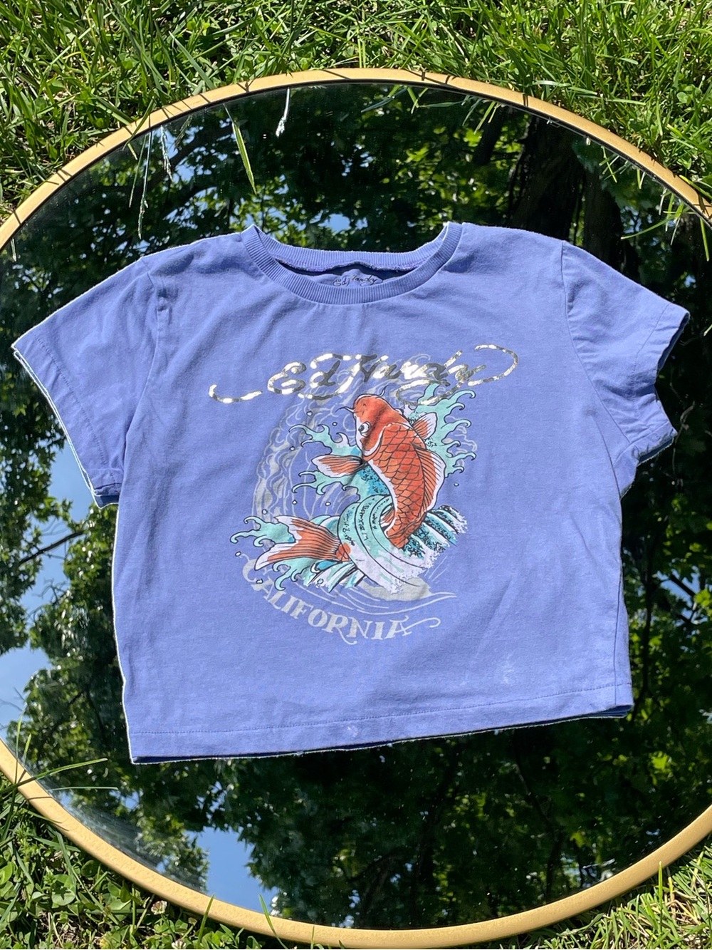Ed Hardy Blue Graphic Tee with Metallic Script